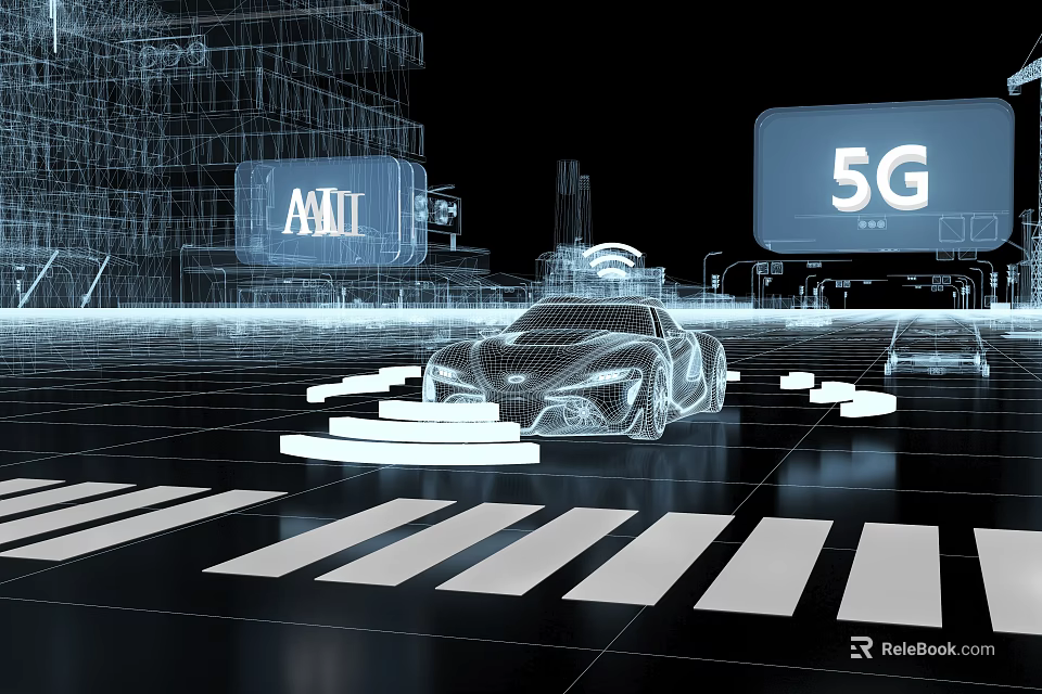 Futuristic Cityscape With Transparent Holographic Car 5G Network And Illuminated Road Markings 3d model 