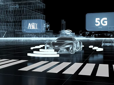 Futuristic Cityscape With Transparent Holographic Car 5G Network And Illuminated Road Markings 3d model