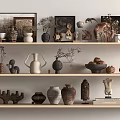Neutral Tones Natural Decorative Ornament Set With Vases Sculptures Frames And Dried Flowers On Shelves