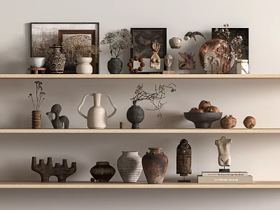 Neutral Tones Natural Decorative Ornament Set With Vases Sculptures Frames And Dried Flowers On Shelves 3d model