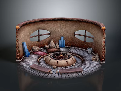 Decorative Garden Feature Design with Circular Fire Pit Clay Pots Stone Flooring and Wooden Benches 3d model