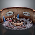 Decorative Garden Feature Design with Circular Fire Pit Clay Pots Stone Flooring and Wooden Benches