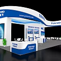 POTEVIO Modern Exhibition Booth With Blue White Design Display Screens And Seating Area