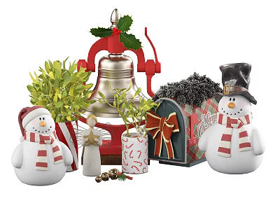 Festive Christmas Decorative Ornament Set With Snowman Figurines Bell Holly And Pine Branches 3d model