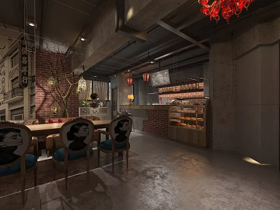 Industrial Style Café Interior With Red Brick Walls Concrete Floors Wooden Furniture And Bakery Shelves 3d model