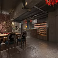 Industrial Style Café Interior With Red Brick Walls Concrete Floors Wooden Furniture And Bakery Shelves