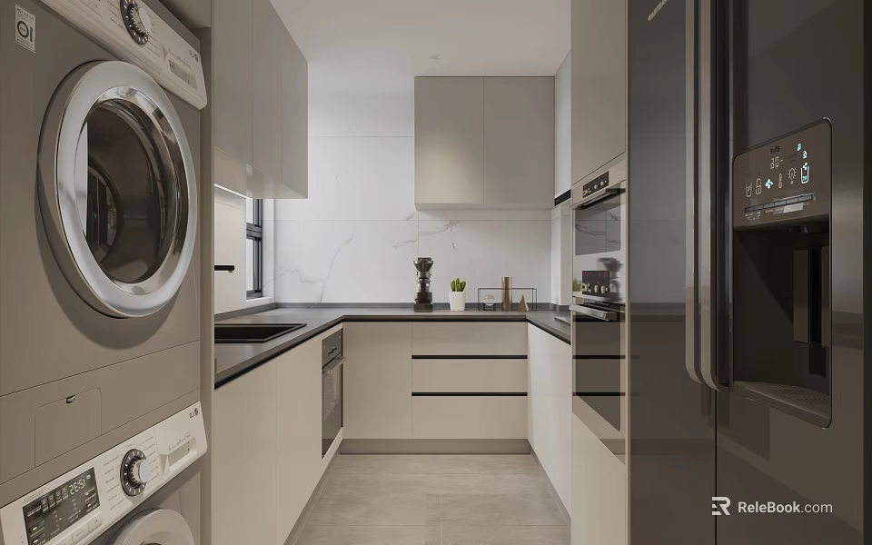 Modern Kitchen Interior Design With White Cabinets Black Countertops And Appliances 3d model 