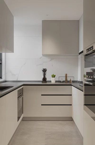 Modern Kitchen Interior Design With White Cabinets Black Countertops And Appliances 3d model
