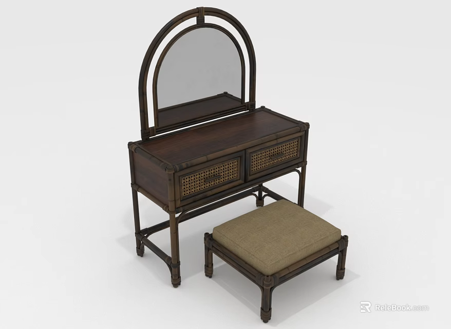 Traditional Chinese Wooden Dressing Table With Round Mirror Woven Drawers And Matching Cushioned Stool 3d model 