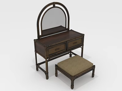 Traditional Chinese Wooden Dressing Table With Round Mirror Woven Drawers And Matching Cushioned Stool 3d model