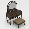 Traditional Chinese Wooden Dressing Table With Round Mirror Woven Drawers And Matching Cushioned Stool