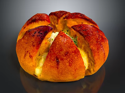 Freshly Baked Round Artisan Bread With Golden Crust And Cheese Filling 3d model