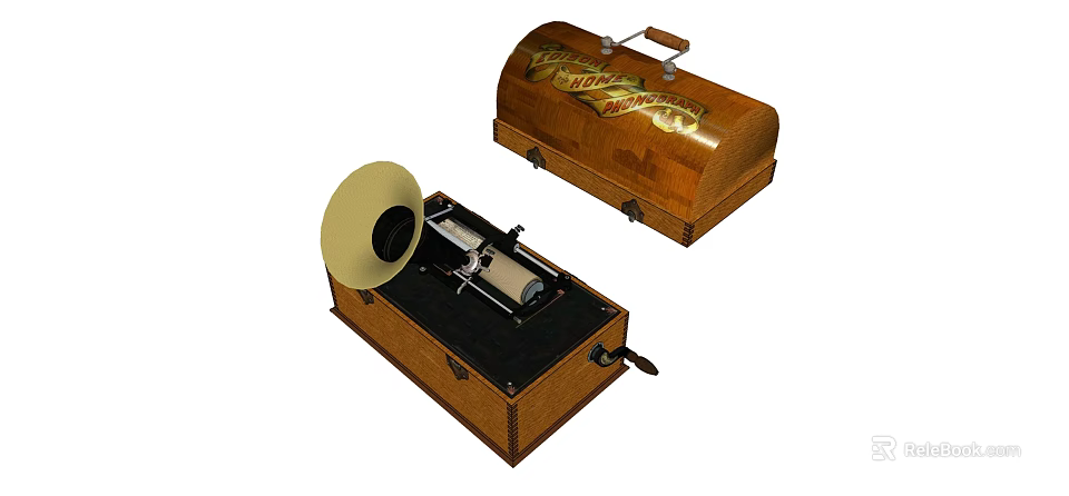 Vintage Wooden Gramophone with Open Case and Horn Speaker Design 3d model 