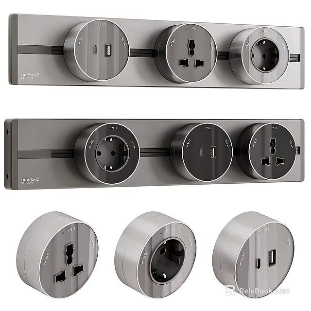 Modern Round Switch Panel With USB Ports And Multiple Sockets In Sleek Stainless Steel Design 3d model 