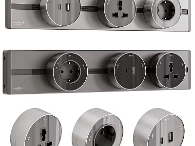 Modern Round Switch Panel With USB Ports And Multiple Sockets In Sleek Stainless Steel Design 3d model