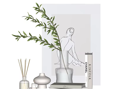 Minimalist Decorative Ornament Set With Green Foliage White Vase Line Art Print And Stacked Books 3d model