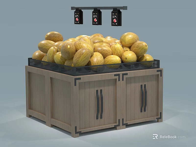 Supermarket Fresh Fruits Display With Wooden Crate Stand Ripe Yellow Melons and Hanging Price Signs 3d model 