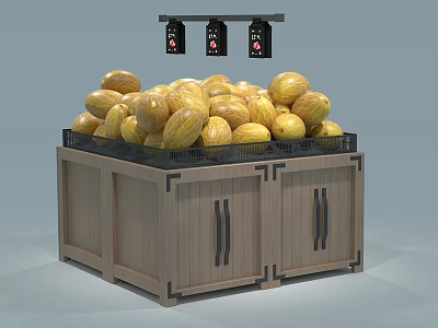 Supermarket Fresh Fruits Display With Wooden Crate Stand Ripe Yellow Melons and Hanging Price Signs 3d model