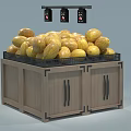 Supermarket Fresh Fruits Display With Wooden Crate Stand Ripe Yellow Melons and Hanging Price Signs