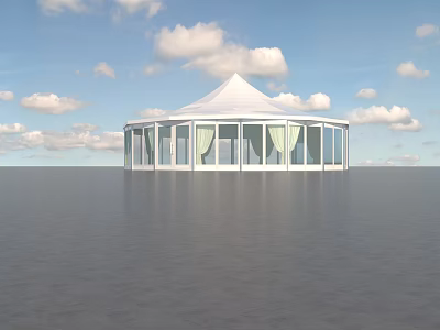 White Round Tent With Transparent Windows And Curtains Reflecting On Open Water Under Blue Sky 3d model