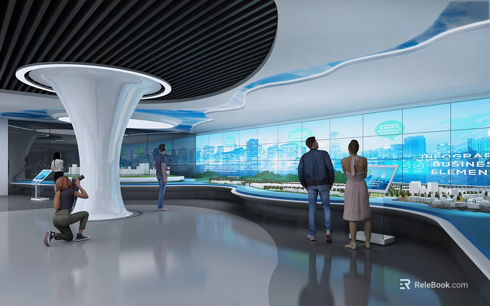 Modern Exhibition Space With People Viewing Large Interactive City Screens 3d model