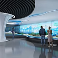 Modern Exhibition Space With People Viewing Large Interactive City Screens 3d model