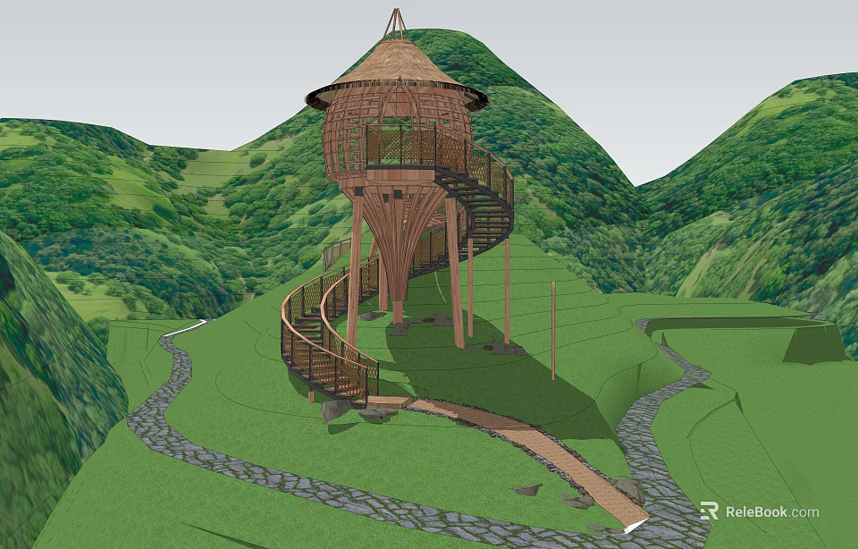 Treehouse Featuring Bamboo Structure And Spiral Staircase In Lush Green Hills With Grass Path 3d model 