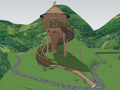 Treehouse Featuring Bamboo Structure And Spiral Staircase In Lush Green Hills With Grass Path 3d model