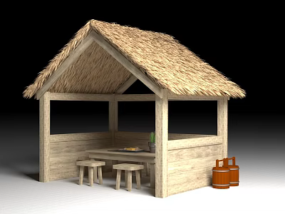 Thatched Hut Outdoor Setting With Wooden Table Stools Plant And Brown Barrels 3d model