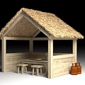 Thatched Hut Outdoor Setting With Wooden Table Stools Plant And Brown Barrels