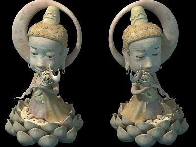 Two Intricate Traditional Buddha Sculpture Carvings with Decorative Lotus Bases and Halos 3d model