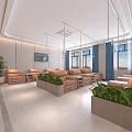Modern Waiting Area Interior With Comfortable Sofas Green Plants Wall TV And Large Windows 3d model