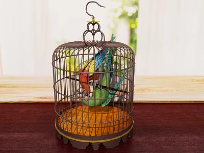 Metal Birdcage Decorative Ornament Set with Colorful Birds for Tabletop Home Decor 3d model