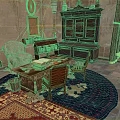 Antique Study Interior With Wooden Desk Open Book Scattered Papers Stone Walls And Bookcase
