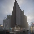 Urban Building Complex Featuring Modern Glass Facade and Geometric Design in City Surroundings