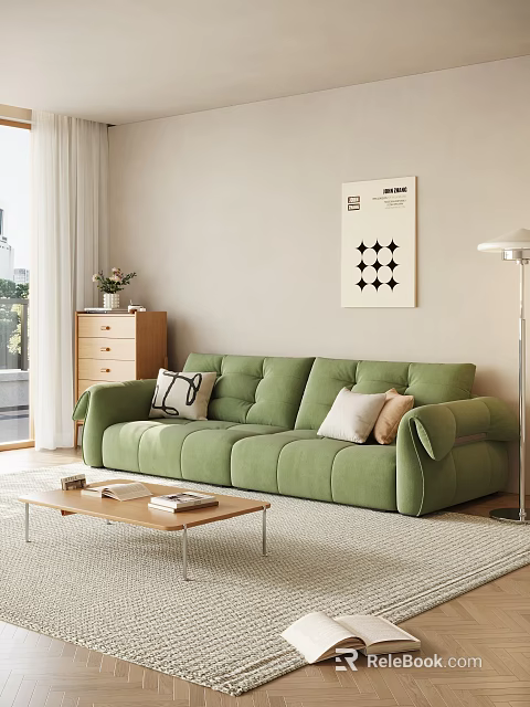 Modern Living Room With Green Sofa Coffee Table Floor Lamp And Wall Art 3d model 