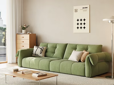 Modern Living Room With Green Sofa Coffee Table Floor Lamp And Wall Art 3d model