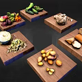 Various Fresh Ingredients Including Mushrooms Nuts And Vegetables On Wooden Trays