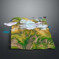3D Scenery of Mountain Terrain with Green Slopes Yellow Areas and White Covering