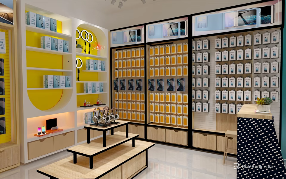 Modern Digital Store Interior With Display Shelves Stocked With Mobile Phones Electronics And Accessories 3d model 