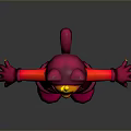 Cartoon Cat In Red And Pink Costume With Cat Ears Glowing Eyes And Yellow Accents