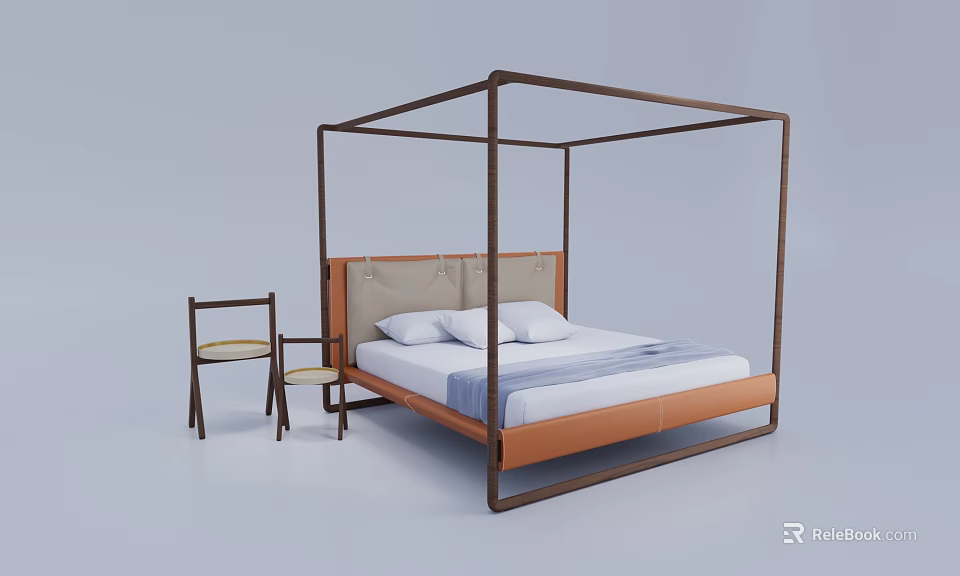Double Bed with Four Poster Wooden Frame Upholstered Headboard and Wooden Chairs 3d model 