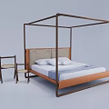 Double Bed with Four Poster Wooden Frame Upholstered Headboard and Wooden Chairs
