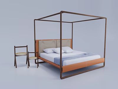 Double Bed with Four Poster Wooden Frame Upholstered Headboard and Wooden Chairs 3d model