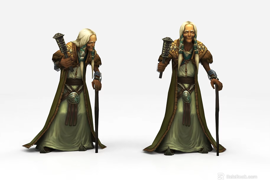 Elderly Male Game and Movie Character with White Hair Beard Green Robe and Decorative Staff 3d model 