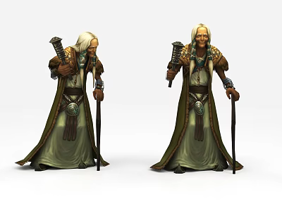 Elderly Male Game and Movie Character with White Hair Beard Green Robe and Decorative Staff 3d model