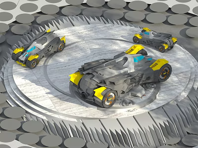 Modern Electric Toy Racing Cars in Gray Yellow with Blue Accents on Circular Platform 3d model