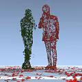 Vines Forming Green And Red Human Shaped Figures Against Light Blue Background With Scattered Leaves