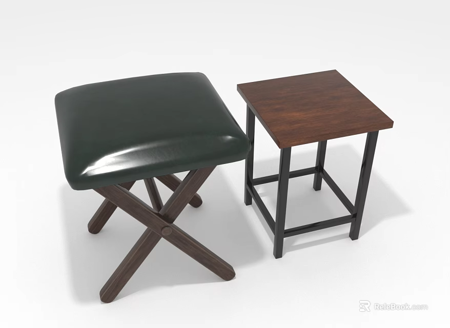 Black Leather Seat Wooden Cross Leg Stool With Wooden Top Metal Frame Side Table 3d model 