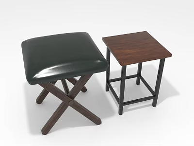 Black Leather Seat Wooden Cross Leg Stool With Wooden Top Metal Frame Side Table 3d model